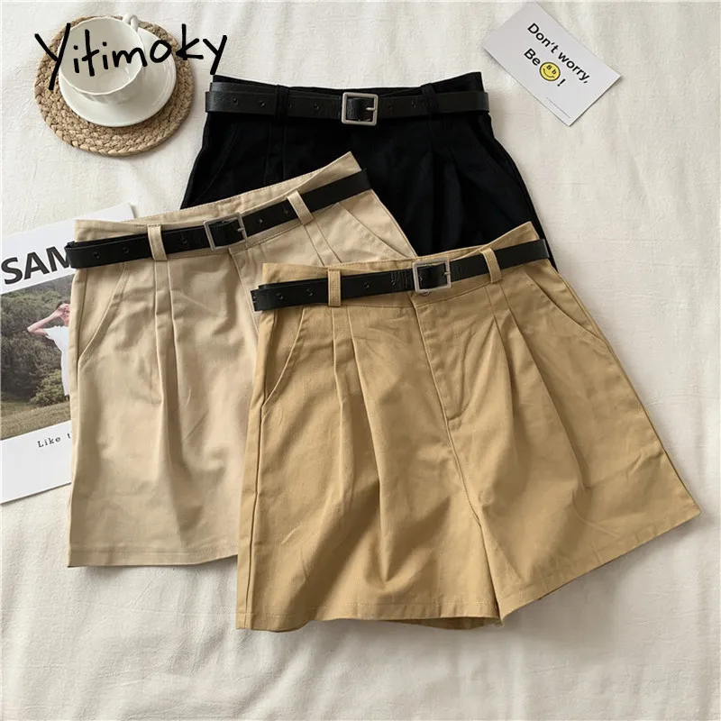 Шорты женские с завышенной талией и ремнем цвета хаки бежевые черные | Женская