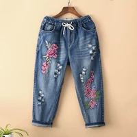 women high waist jeans capris new 2022spring summer vintage floral embroidery loose female casual ripped denim harem pants