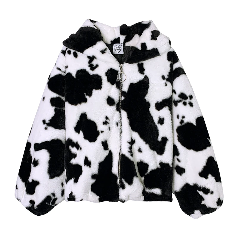 

Harajuku Plus Velvet Cow Pattern INS Thicken Hooded Jacket Female Korean Loose Plush Outerwear Women Sweet Coat Student Tops