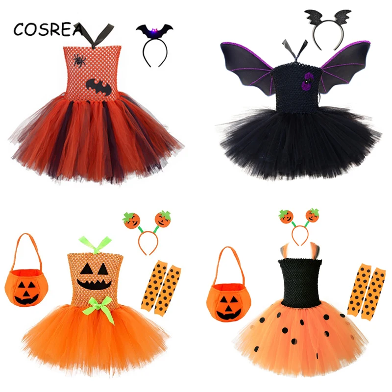 

Halloween Dress Girls Kids Tutu Cosplay Costume Vampire Pumpkin Bat Wings Pettiskirt Performance Clothes Children Carnival Party