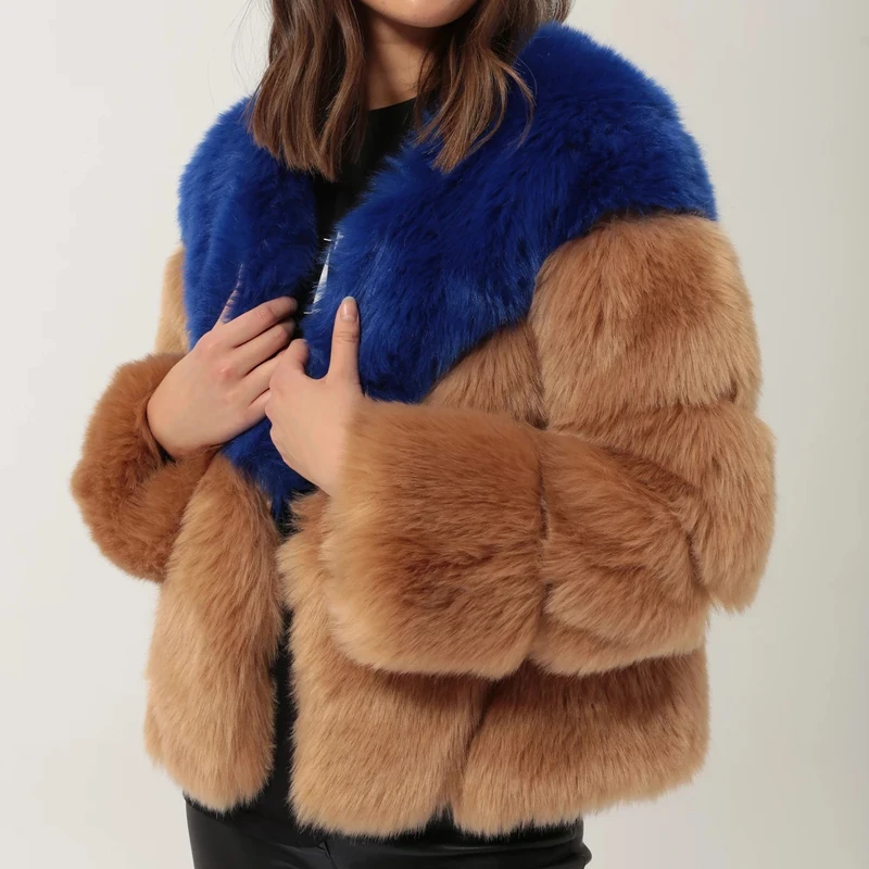 Winter Fashion Luxury Fluffy Overcoat Warm Thicken Fur Coat Women Faux Fox Fur Jackets Coats Streetwear Fake Fur Splicing Jacket