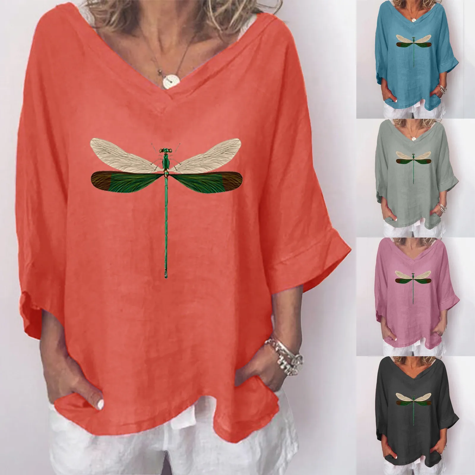 

Winter 2021 Spring Women Plus Sizes V Neck Casual Large Big Loose Dragonflies Vintage Shirtss Vintage Tops Full Long Sleeve