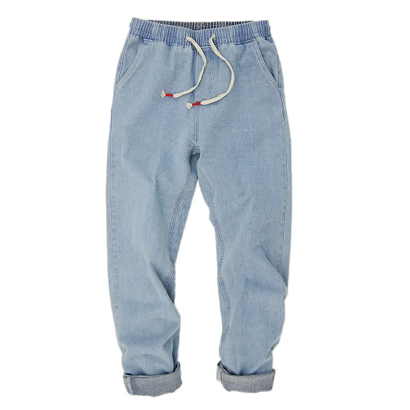 Blue Black Drawstring Jeans Men Fashion Washed Casual Jean Pants Men Streetwear Loose Hip Hop Straight Denim Trousers Mens M-4XL