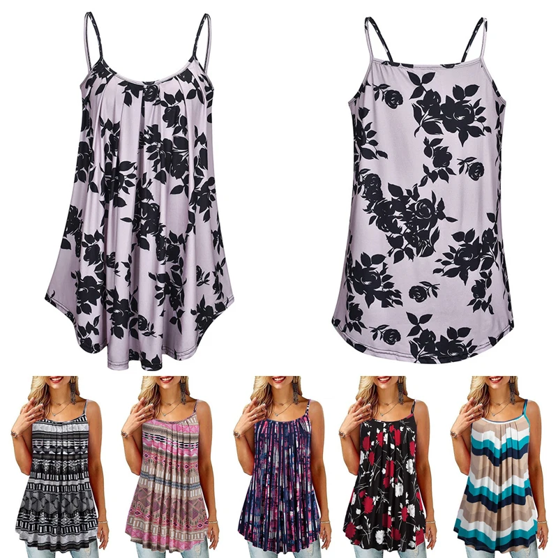 Женский топ без рукавов на тонких бретелях с круглым вырезом и цветочным принтом