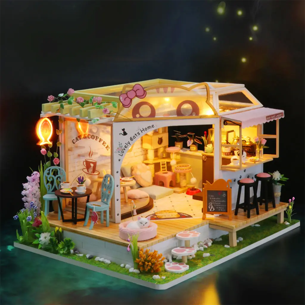 

DIY Dollhouse Cat Cafe LED Light Craft Self-assembly Dollhouse