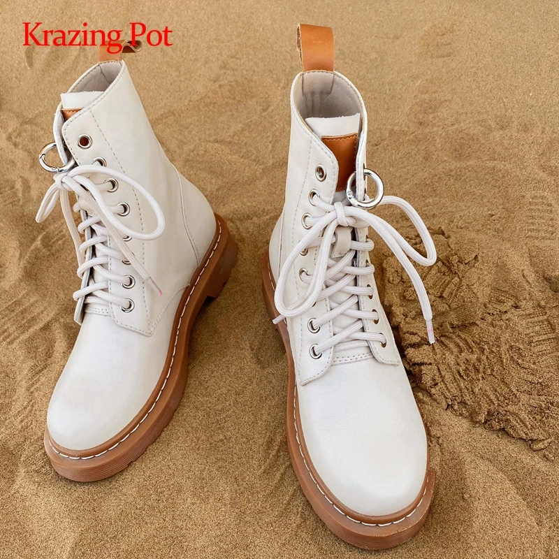 

Krazing pot big size motorcycle boots genuine leather cross-tied round toe thick low heel lace up coolest maiden ankle boots L26