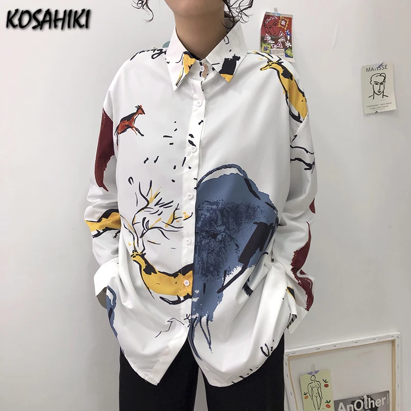 

Корейские летние винтажные блузки с принтом в стиле Харадзюку, рубашка с длинным рукавом, уличная одежда, повседневные свободные блузки, ру...