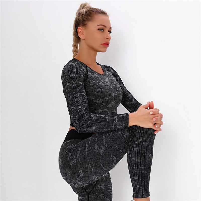 

2021 New Spring Summer Women Sport Shirts Camo High Elastic Seamless Crop Top Running Fitness Breathable Long sleeve T-Shirts