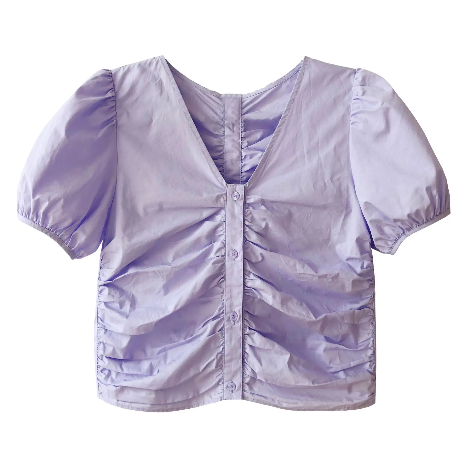 

Yeeloca French V-neck Pleated Short Shirt Women's Summer 2021 New High Waist Casual Blousers Korean Design Bubble Sleeve Top