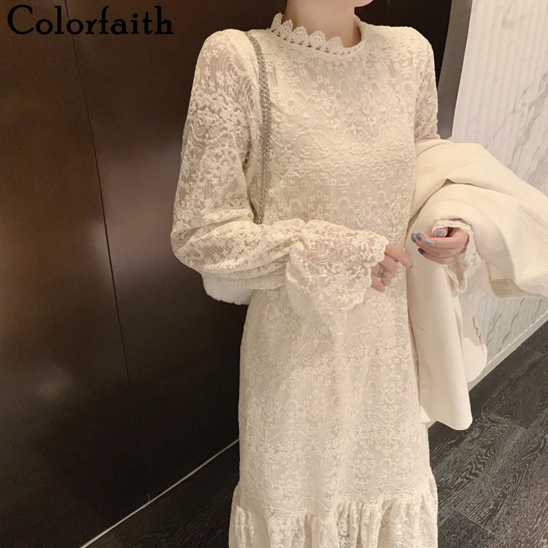 Colorfaith новинка 2020 весна-осень женские платья кружева круглый ворот рукав-фонарик
