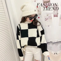 girls sweater winter spring pullover knitting sweater kids casual loose tops teens children fashion black white plaid clothing