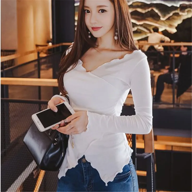 Женская эластичная футболка облегающий Топ с длинным рукавом в Корейском стиле