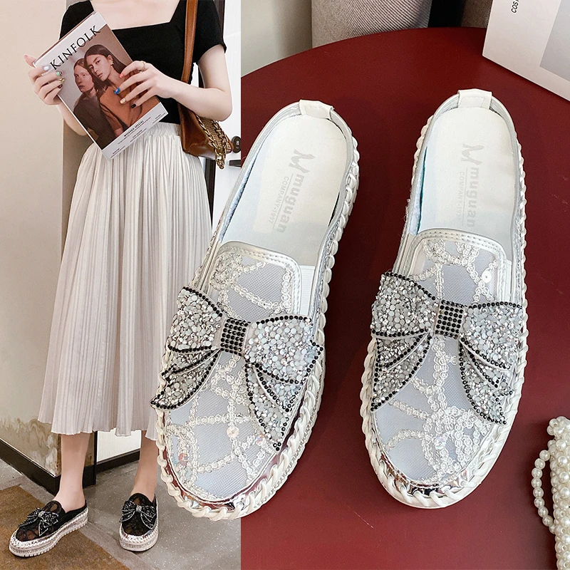 

Женские шлепанцы со стразами, удобная обувь на платформе, дышащая обувь на вулканизированной подошве, большие размеры, лето 2021