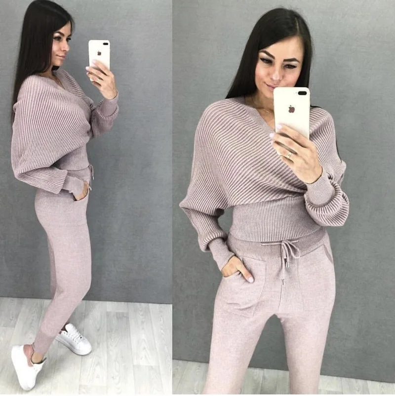 khaki women set FORERUN/женские комплекты из двух предметов Зимний пуловер свитер и трикотажные штаны с рукавами «летуин», с глубоким v-образным вырезом, повседневные спортивные костюмы - Цвет: khaki women set