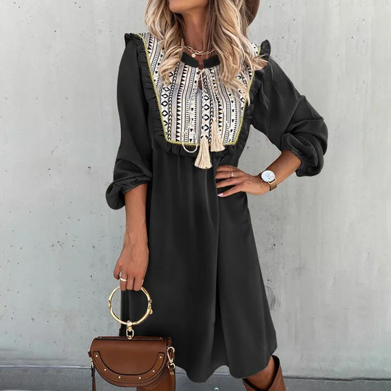 

Женское богемное платье с длинным рукавом и круглым вырезом