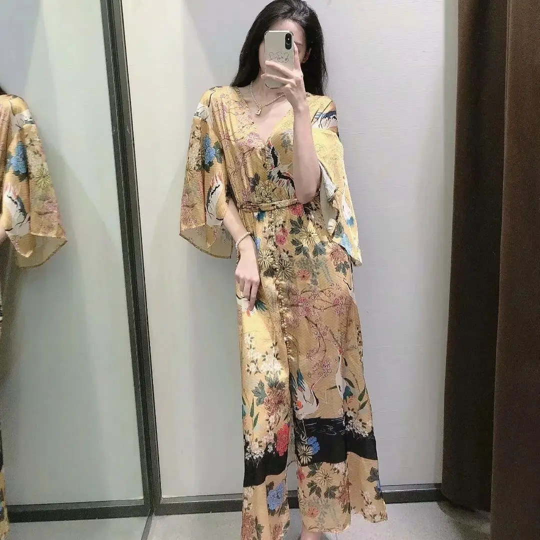 

KRSB Summer Women Printed Long Dress V-Neck Mid-Length Sleeve Belt Waist Waist Was Thin Designed Flower Print Splicing Lazy Wind