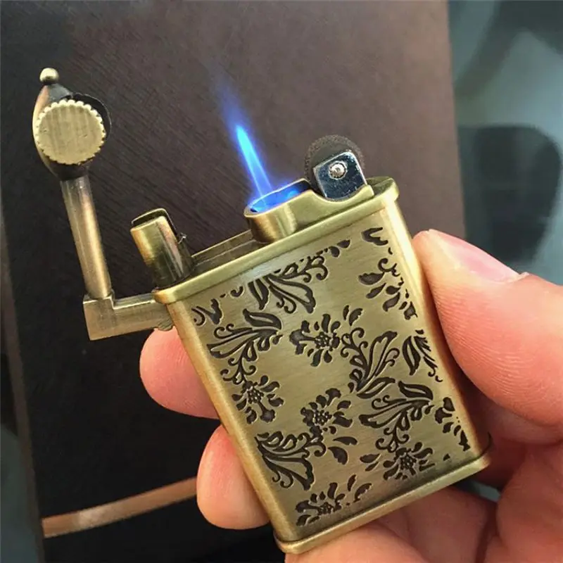 

Retro Torch Jet Lighter Butane Gas Flower Carved Antique Flint Lighter Metal Grinding wheel Fuel Cigarette Windproof Men Gift