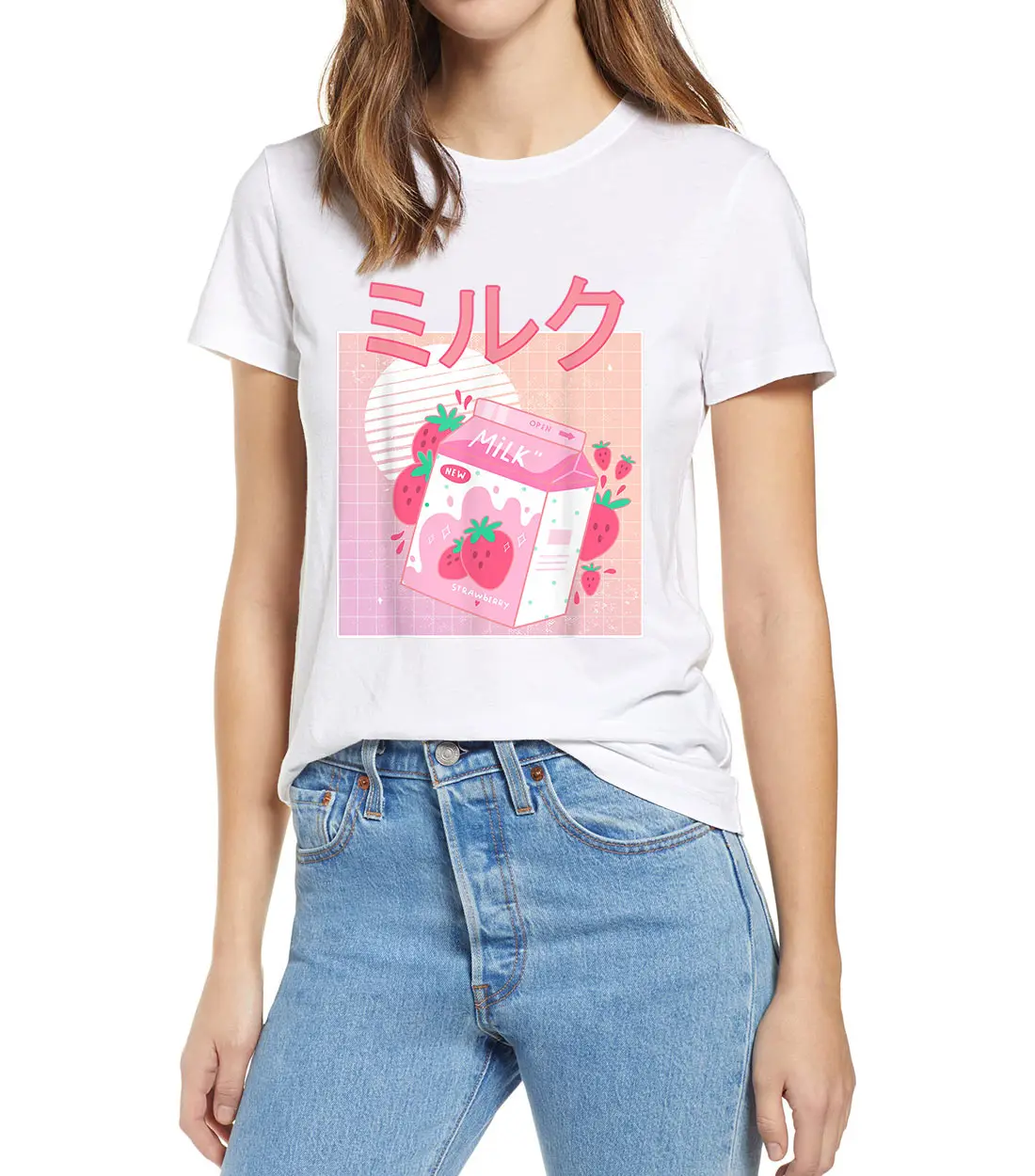 

100% хлопок унисекс, мультфильм, кремовое молоко, клубника, кавайная, Ретро 90-х, японская, забавная, летняя, женская футболка