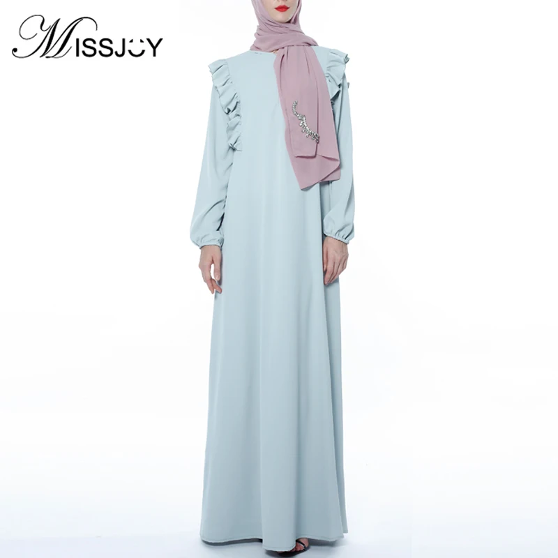 MISSJOY мусульманское женское платье на молнии Свободное abaya Дубай кимоно сплошной цвет кафтан турецкий Повседневный Ближний Восток элегантное женское платье с оборками Плать
