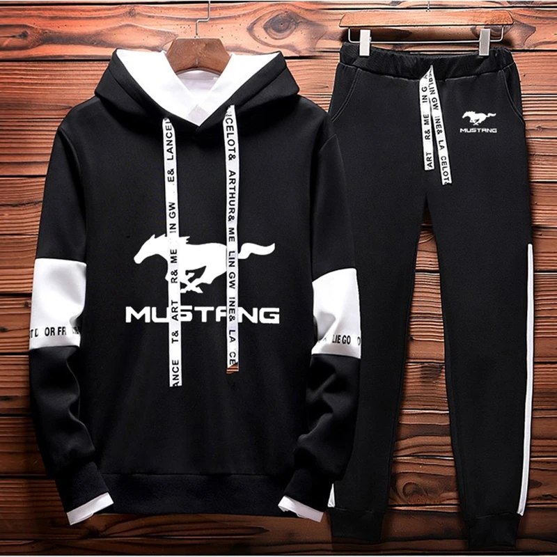 

Men's hoodie Mustang Car Logo Printing Spring Autumn Colorblock Men Sweatshirt High Quality Cotton Men Hooded pants 2 piece set