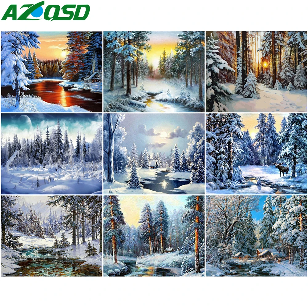 

AZQSD DIY картина по номерам зимнего пейзажа ручная работа подарок 40x50 см Раскраска по номерам лес дома Спальня стены искусства