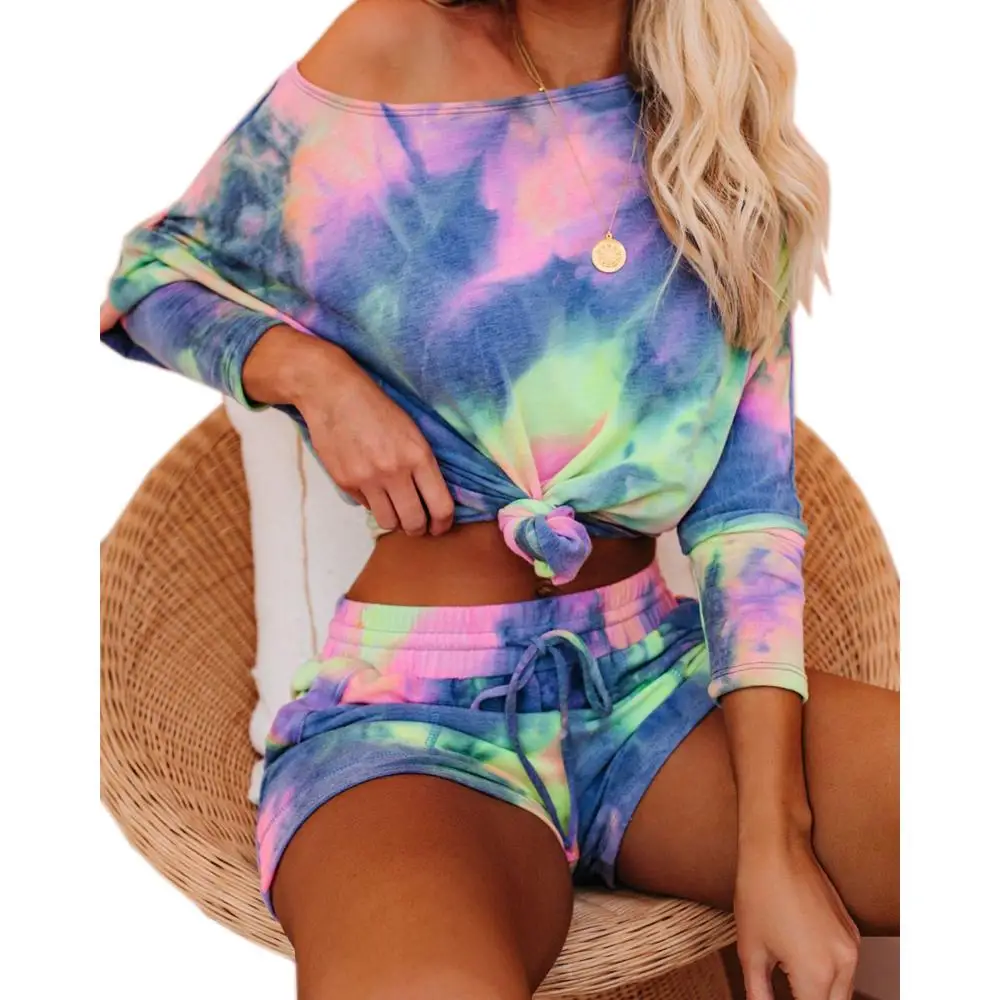 

Casual Pyjama Set Ladies Cotton Long Sleeve Sleepwear Womens Pajama Nightwear Simply Tie-dyed Top & Shorts Pijama Mujer P05909B