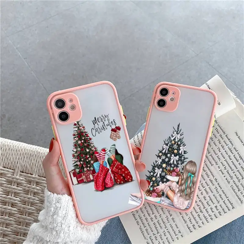 

Merry Christmas Brown Hair Girl Phone Case Pink matte transparent For iPhone 7 8 x xs xr 11 12 pro plus max mini Clear Funda