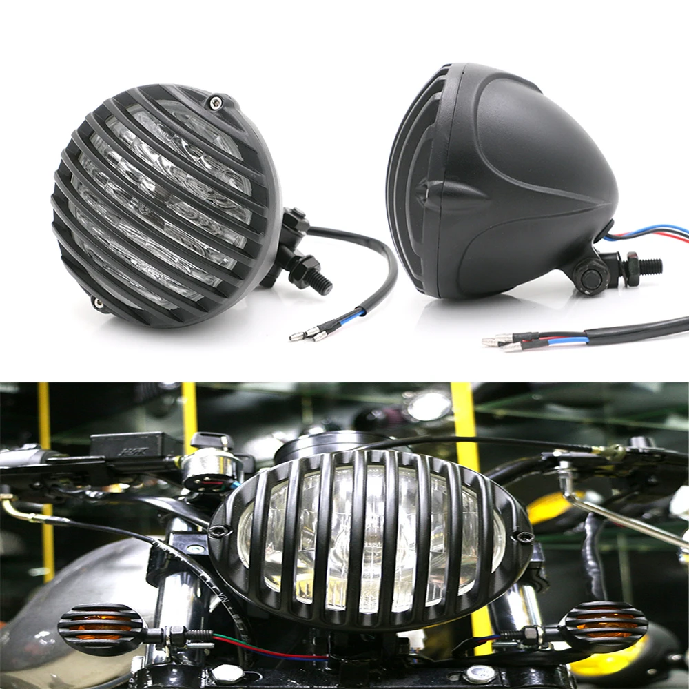 

5" Motorcycle Black/Chrome Retro Round Headlight Finned Grill Scalloped Headlamp Head Light for Harley Bobber Chopper Motorbike