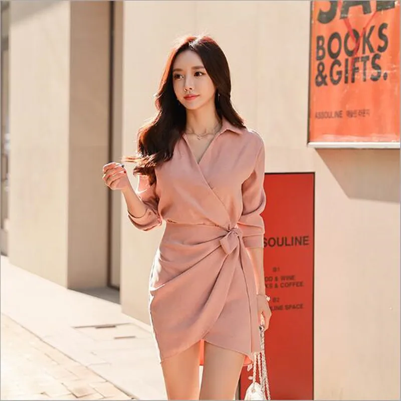 2019 новые розовые Саше Готический длинный рукав рубашка платье розовый офисный