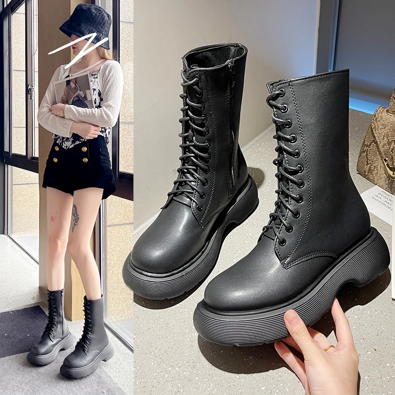 

Женские ботинки на платформе, модные однотонные полиуретановые ботинки на среднем каблуке, со шнуровкой и молнией