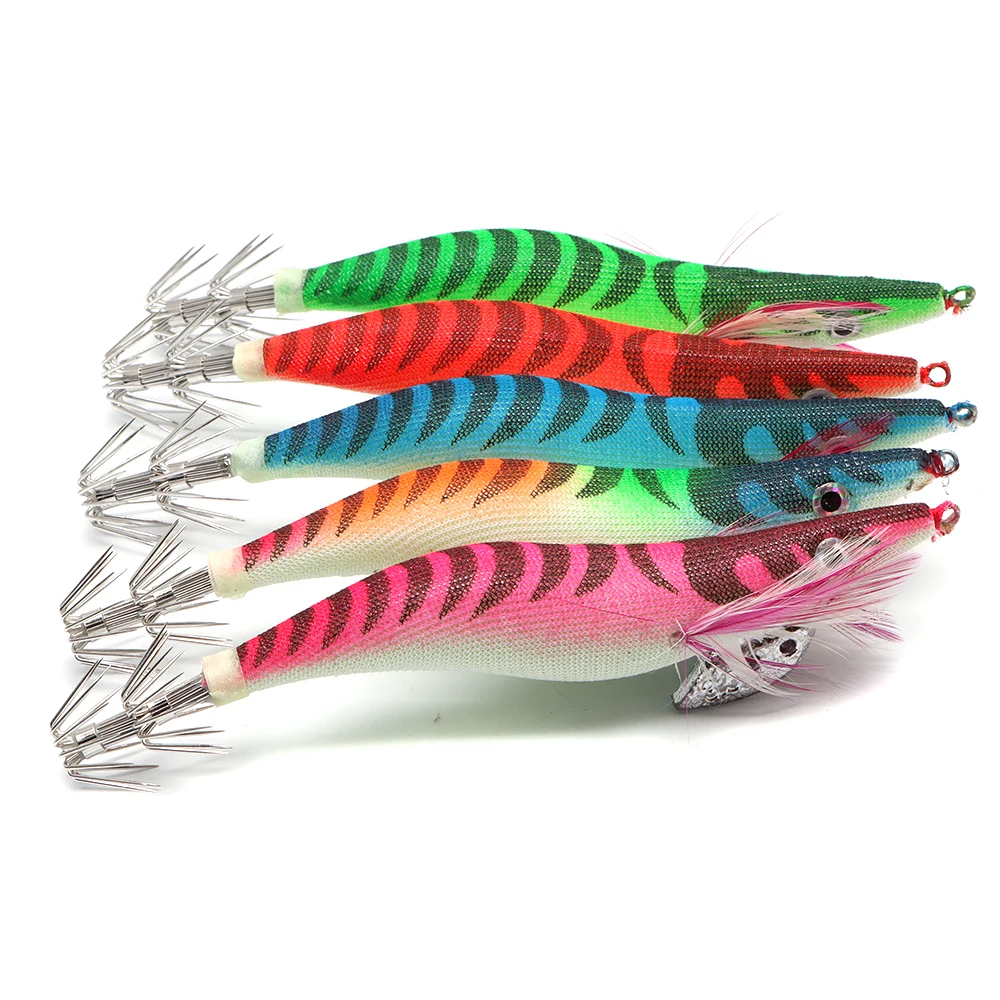 

YJBYYX 5pcs/lot Luminous wood shrimp bait squid hook sea fishing night fishing road sub bait length 14cm/21g simulation 3D eyes