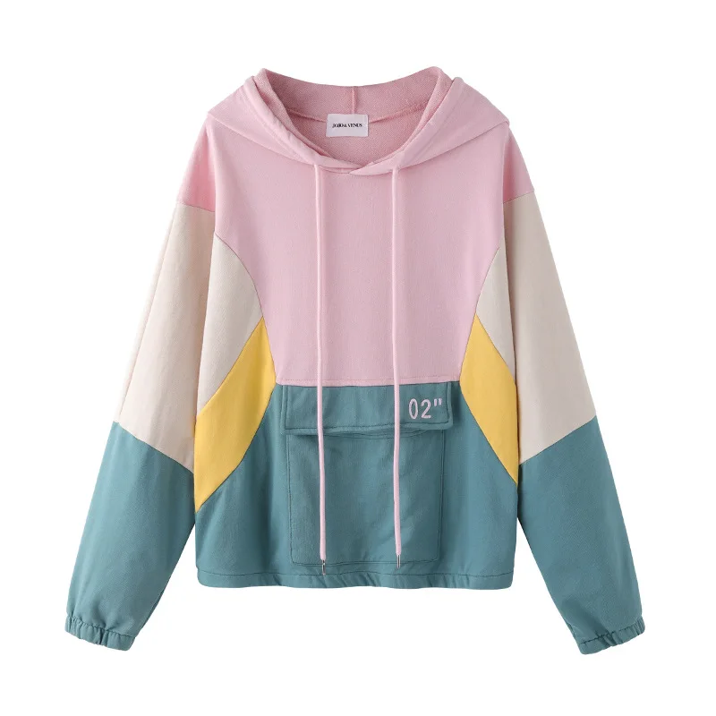 

Weatshirt осенне-зимние хлопковые корейские Свободные Лоскутные толстовки с капюшоном и вышивкой женские пуловеры