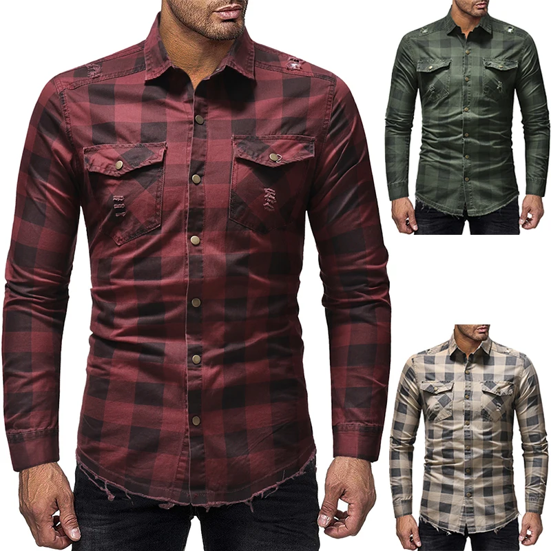 

2021 men's new product new plaid denim shirt classic plaid ripped hem hem denim shirt dating party shirt personalized shirts