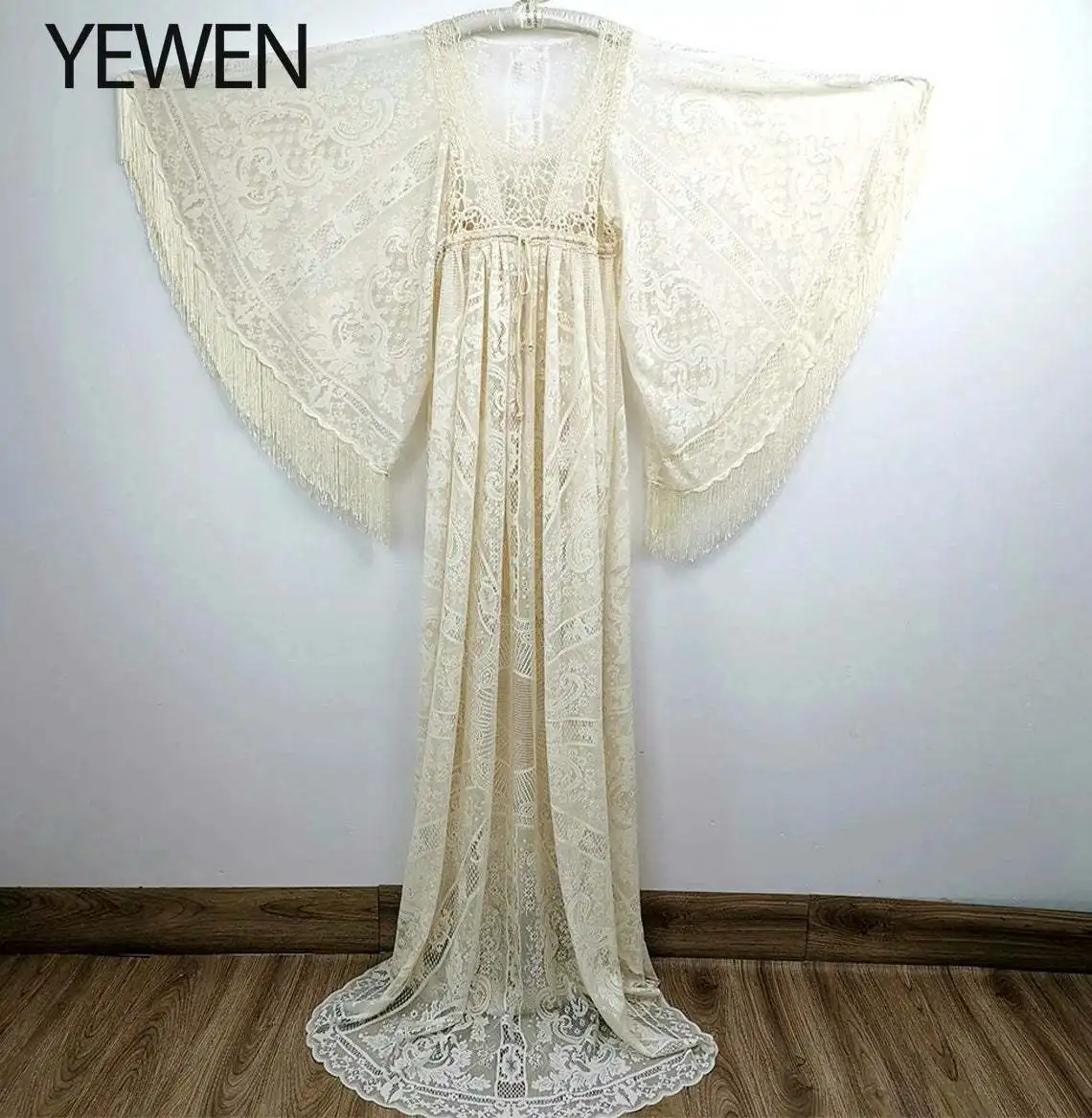 

YEWEN V Neck Strech Lace Long Flared Sleeves Dress for Photoshoot Evening Gowns Outside Beach Photo Shooting Dresses 2021