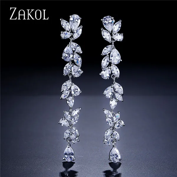 ZAKOL Роскошные AAA кубического циркония великолепный цветок длинные висячие серьги для женщин свадебный подарок FSEP385 - Окраска металла: Sliver Color