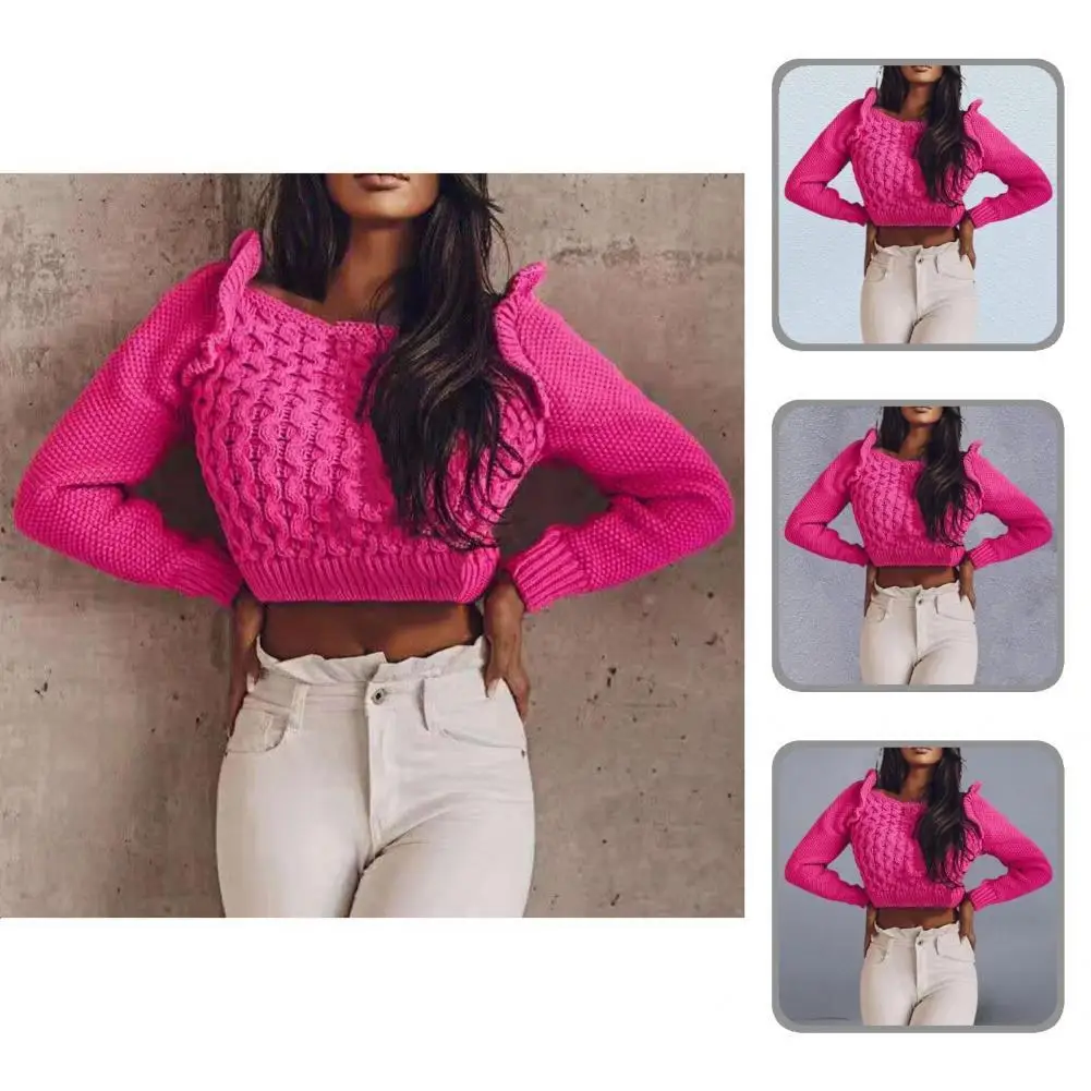

Chic Ruffle Lace Up Sweater Jumper Pullover Sweater Ribbed Cuffs Warm