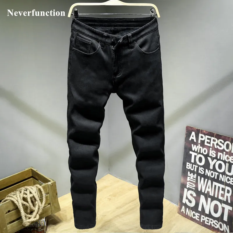 

2019 Winter Thicken Warm Plus Velvet Men Business Casual Slim Jeans Male black Straight Denim pants Trousers Plus Size 42