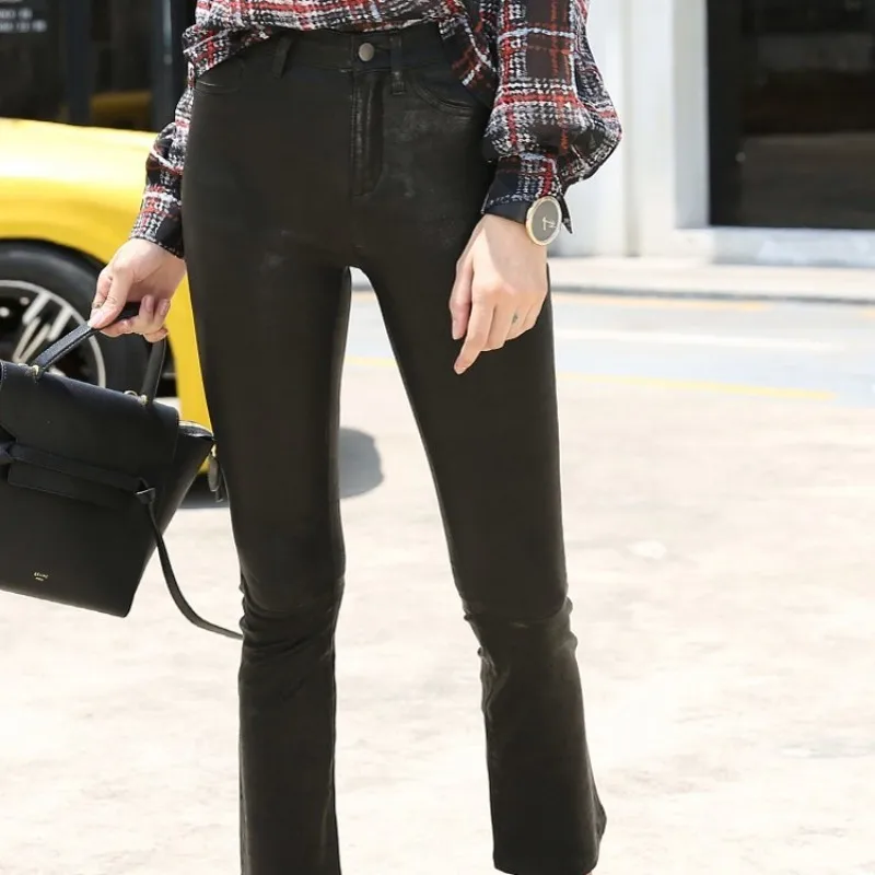 

Office Ladies Slim Fit Luxury Sheepskin Real Leather Boot Cut Flare Womens Sexy Stretchy Skinny Push Up Trousers Red Pants