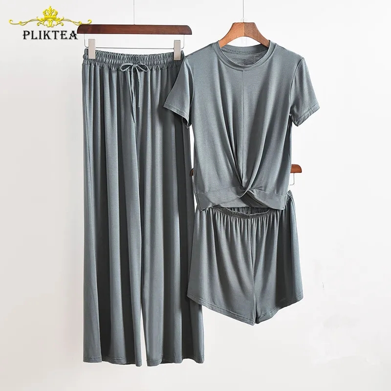 Pliktea-Conjunto de 3 piezas de ropa de dormir gris para mujer, traje para casa, Conjunto de pijama, otoño