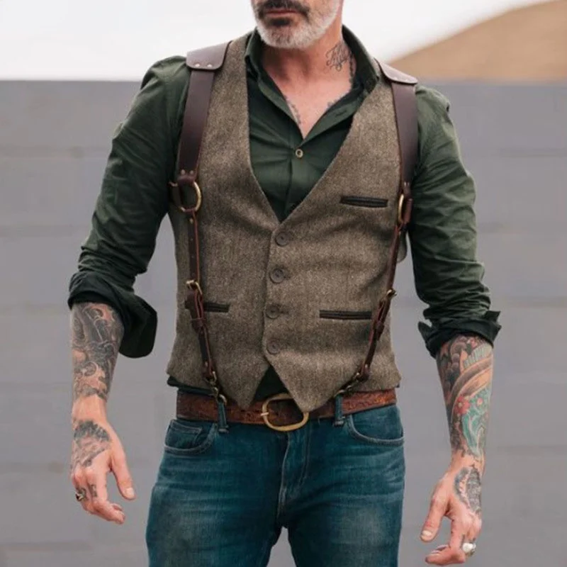 

Wool Tweed Men Suit Vests Victorian Steampunk Cosplay Mens Waistcoat with Suede Gentleman Groomman Wedding Slim Fit Men Gilet