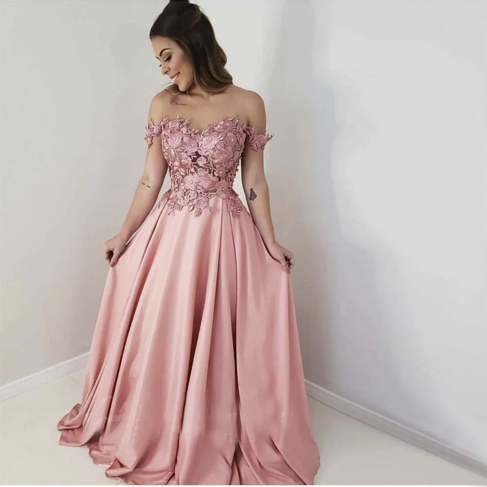 

Розовое Кружевное атласное платье с бусинами, выпускное платье с открытыми плечами, на молнии сзади, ТРАПЕЦИЕВИДНОЕ вечернее платье, одежда...