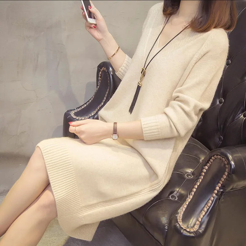 

Thick Warm Knitted Dress Women Casual Long Sleeve Vintage Office Sweater Dress 2021 Autumn Winter Korean Knee-Length Dresses