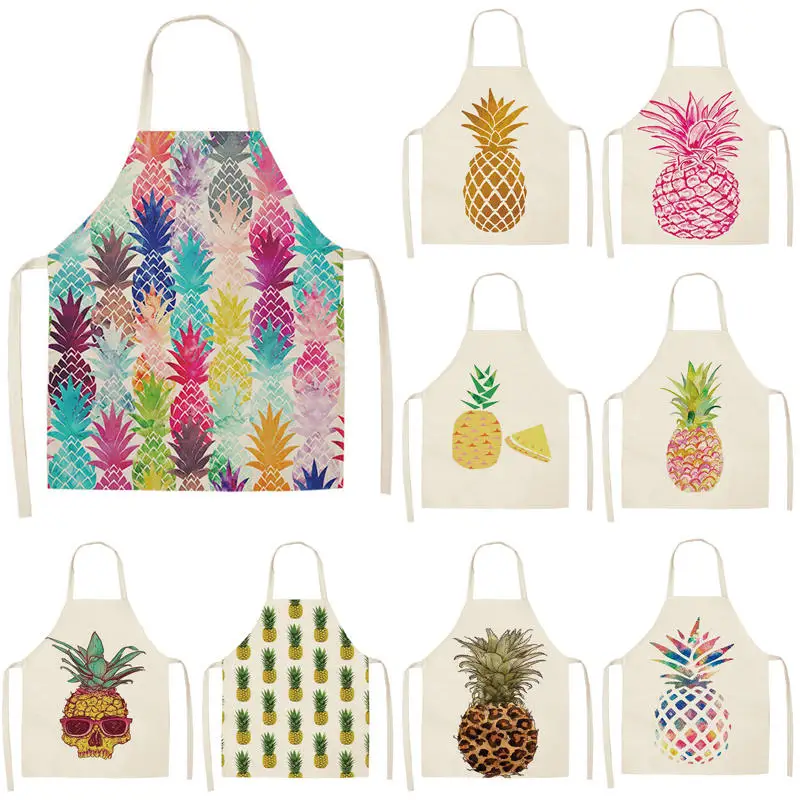 

1Pcs 53*65cm Cotton Linen Pineapple Printed Cleaning Aprons Sleeveless Home Cooking Kitchen Apron Cook Wear Adult Bibs