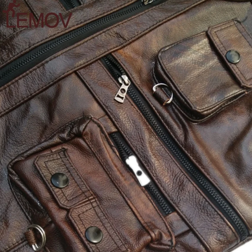 LEMOV коричневый жилет мужской кожаный из натуральной кожи мотоциклетный с