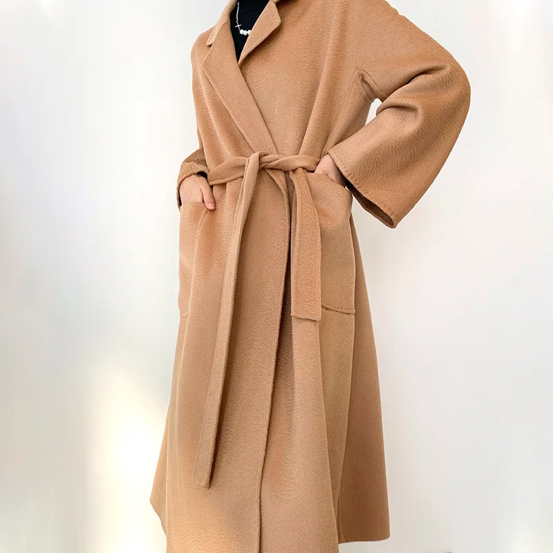 

2021 Water Ripple Double-sided Cashmere Blend Coat Women's Loose Korean Style With Belt Elegant Solid Color Wool Cardigans