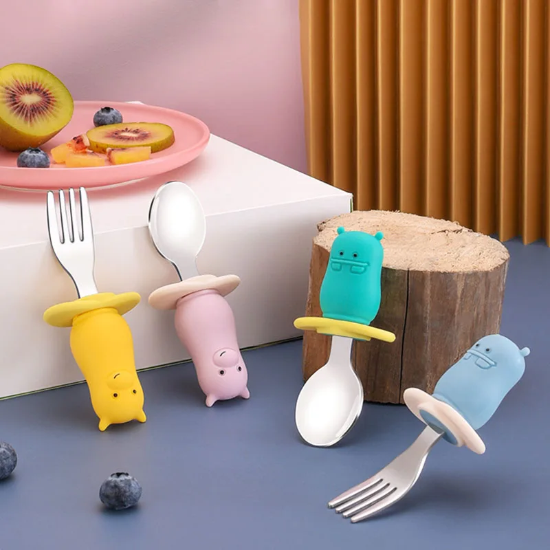 Juego de 2 unids/set de cuchara de alimentaci&oacute;n infantil, tenedor de f&aacute;cil agarre, vajilla suave con patr&oacute;n de dibujos animados para beb&eacute;, vajilla de silicona/acero inoxidable 316 para beb&eacute;-0