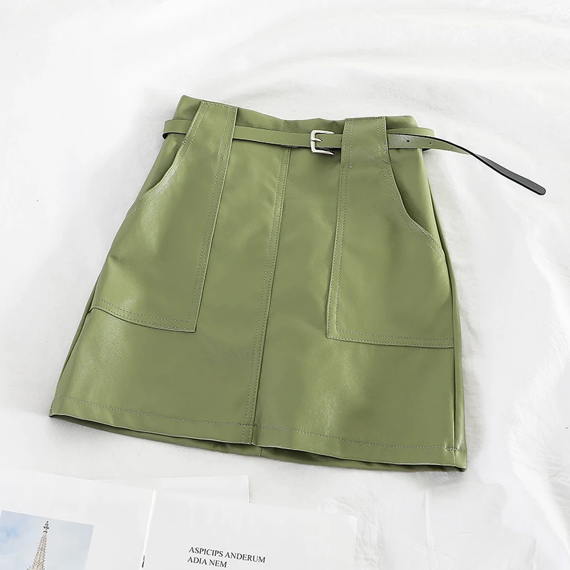 Осенне зимняя женская модная однотонная мини юбка из искусственной кожи с ремнем