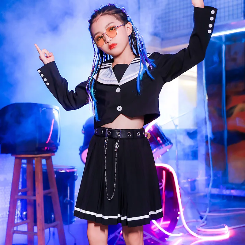 

2022 Fashion Jazz Dance Costumes For Kids Long Sleeve Black Practice Clothes Stree Dance Performance Clothing Hip Hop Suit