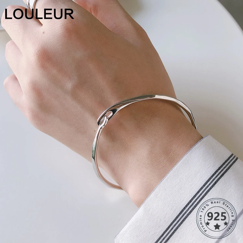 LouLeur 925 пробы серебристый неправильной формы браслеты винтажные браслеты с геометрическим орнаментом простой браслет для женщин модные ювелирные изделия подарки на день рождения