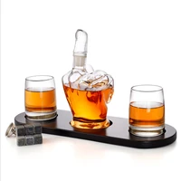 customized drinking 1000ml fist finger hand shaped glass wine whiskey bar decanter bottle set with wood base stand